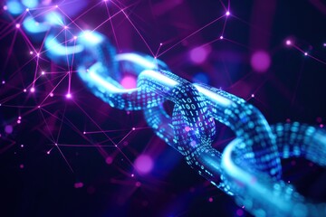 a glowing blue chain composed of digital code links together in a network of purple light