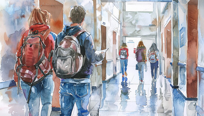 Wall Mural - A group of people are walking down a hallway with backpacks