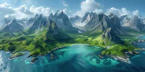 Wall Mural - Aerial View of Lush Mountains Meeting the Sea