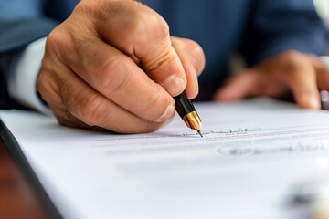 Wall Mural - man is writing on a piece of paper with a pen. Concept of importance and seriousness, as the man is signing a document. The act of writing with a pen suggests a formal or official setting