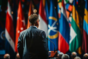 Wall Mural - A man stands in front of a large display of flags, giving a speech. The flags are of various colors and sizes, and they are arranged in a row behind the man. Concept of unity and diversity