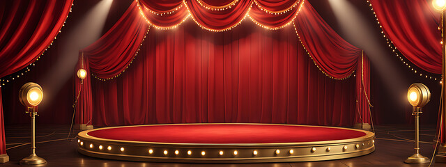 Wall Mural -  Circus stage podium background 3D carnival light red show curtain. Circus platform stage podium tent theater arena sign vintage spotlight circle stand bulb ringmaster ring cirque cartoon party cinema