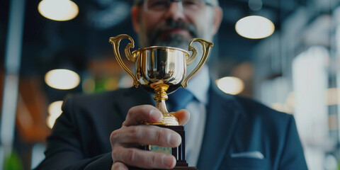 Senior elderly business man holding golden cup trophy close-up. Championship achievement success championship leader winner pride reward concept. 