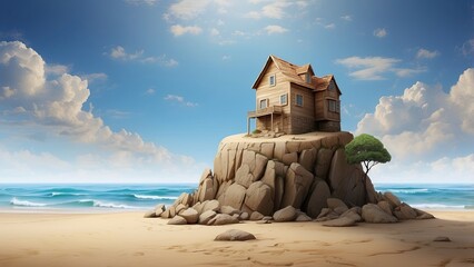 Wall Mural - House constructed on the sand vs house constructed on a rock. Parable of the wise and foolish builders.