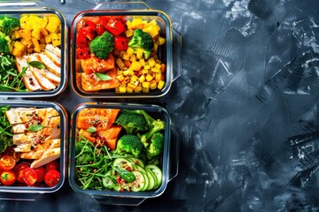 Four glass meal prep containers filled with colorful and nutritious ingredients, perfect for a healthy week of eating