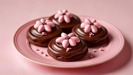 Poster -  Sweet indulgence  Chocolate cupcakes with pink floral toppings