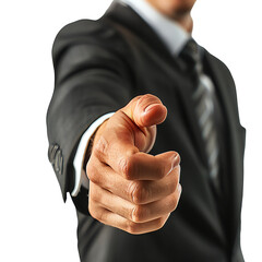 Close-up of a confident businessman in a suit pointing directly at the camera, isolated on white background.