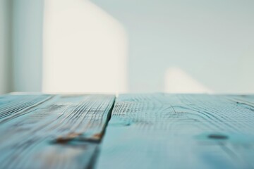 Aufkleber - Minimalistic Pastel Blue Wooden Table in a Modern Fashion Studio Setting, Highlighting Natural Light and Style