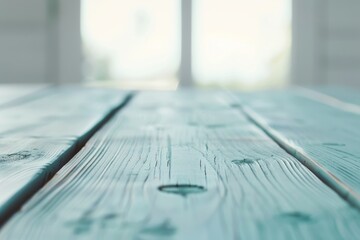 Poster - Stylish Minimalist Studio with Pastel Blue Wooden Table for Modern Fashion-Themed Montages