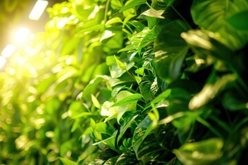 Wall Mural - A close-up photo of vibrant green leaves bathed in the warm glow of sunlight, capturing the beauty of nature in its purest form