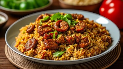  Deliciously seasoned sausage and rice dish ready to be savored