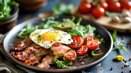 Wall Mural - A close-up of a gourmet breakfast featuring crispy bacon, a sunny-side up egg, fresh tomatoes, and leafy greens on a black plate