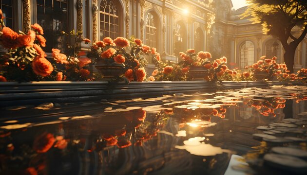 Reflection of the sun in the water of the fountain with flowers