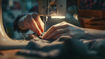 Hands of fashion designer sewing clothes on machine at table : Generative AI