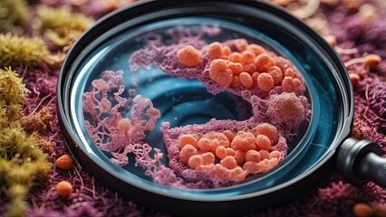 Wall Mural - A magnifying lens and a decorative gut reveal pathogenic germs within the colon. Top view of the gut cancer screening system using probiotics and prebiotics for the microbiome.