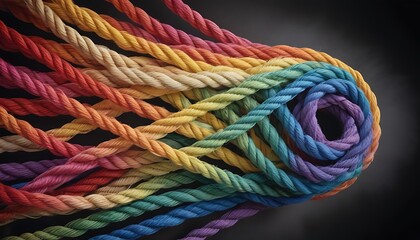 Team rope diverse strength connect partnership together teamwork unity communicate support. Strong diverse network rope team concept integrate braid color background cooperation empower power.