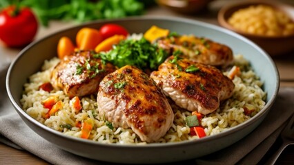 Canvas Print -  Deliciously grilled chicken and rice with colorful veggies ready to be savored