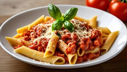 Canvas Print -  Delicious pasta dish with fresh basil and Parmesan cheese