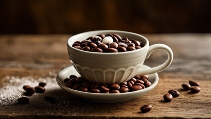 Poster -  Coffee beans spill from a cup onto a wooden surface