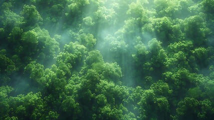 Wall Mural - A drone view of a forest canopy, with varying shades of green and patches of sunlight creating a mosaic of light and shadow.