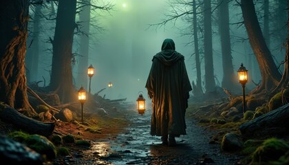 Poster - Mysterious Figure Walking Through Foggy Forest.