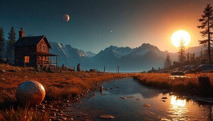 Wall Mural - Cabin by a Mountain Stream at Sunset.