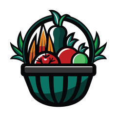 Wall Mural - A simple farm logo with a green basket filled with fresh vegetables. This logo is perfect for farms, farmers markets, and agricultural businesses