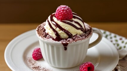 Canvas Print -  Delicious raspberry and chocolate dessert in a white cup