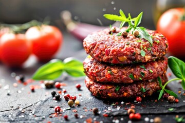 Wall Mural - Close-up image of three raw beef patties, seasoned and ready to be grilled, with tomatoes, herbs, and spices in the background