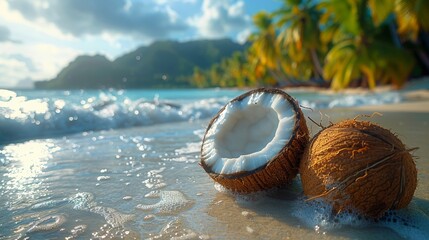 a hyper realistic photography highly detailed of a coconut broken in half on a beach with coconut trees in the background