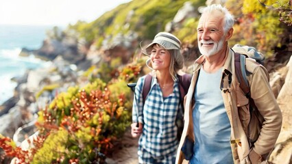 Wall Mural - A happy middle aged couple hiking on a coastal path