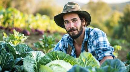 Wall Mural - man farmer with fresh vegetables, cabbage harvest, natural selection, organic, harvest season, agricultural business owner, young smart framing, healthy lifestyle, farm and garden direct, non toxic