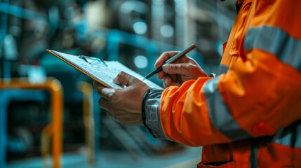 Close-up of an industrial worker wearing an orange jacket, writing on a clipboard inside a manufacturing facility.