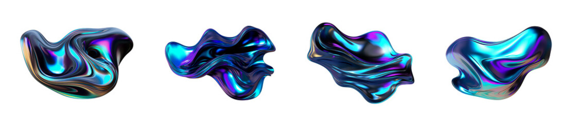 Poster - 3d fluid abstract metallic dark holographic colored shape png set isolated on transparent background 