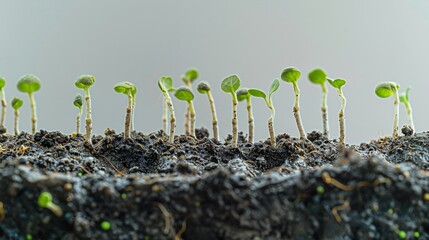 Wall Mural - High-resolution macro series in 32k UHD of seedling development stages in soil, isolated on a white background, utilizing focus stacking for detailed clarity