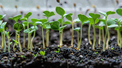 Wall Mural - High-definition macro photography in 32k UHD showing seedling growth stages in soil on a white background, with banner design and focus stacking