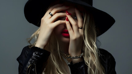 Wall Mural - Beautiful young mysterious blond girl in black hat and black jacket on gray background Eyes are covered with a hat Manicure  long red nails nail polish Fashion beauty : Generative AI