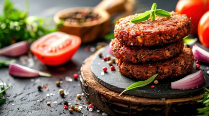 Wall Mural - Savory Vegan Burgers and Plant-Based Meat for Healthy Eating - Perfect for Vegetarian Barbecue and Sustainable Food Choices with Meat Alternatives