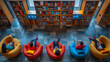 © khonkangrua - People sitting in a modern library, reading and studying, with colorful furniture and bookshelves filled with books.