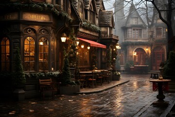 Old european city in a foggy winter night. 3d rendering