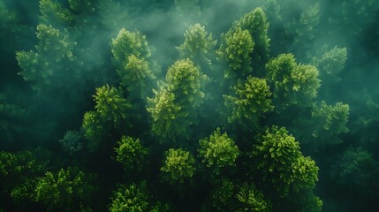 Wall Mural - Drone perspective over a dense forest, highlighting the rich green canopy and wildlife such as deer and birds visible below.