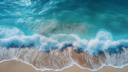 Wall Mural - Drone perspective over a serene beach with turquoise waters and white sandy shores, waves gently lapping against the coast.