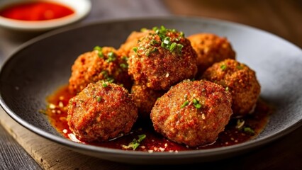 Sticker -  Delicious meatballs with a spicy sauce ready to be savored