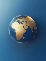 Poster - A minimalistic rendering of a globe with gold continents and a blue background. Perfect for travel agencies, global travel companies, and travel-themed branding. Generative AI