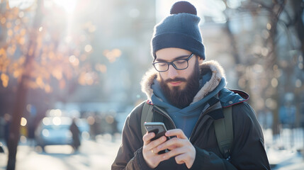 Wall Mural - Young man wearing winter clothes with a smartphone in his hand walking in the street Young bearded guy with modern hairstyle in urban background : Generative AI