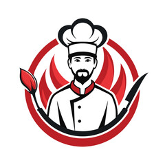 Wall Mural - A high-resolution minimalist logo for a restaurant, featuring a chef with a white chef hat and a red and black color scheme