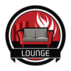 Wall Mural - A minimalist logo featuring a red couch in front of a red background with flames. The logo is set within a black circle with a black and white ribbon reading Lounge