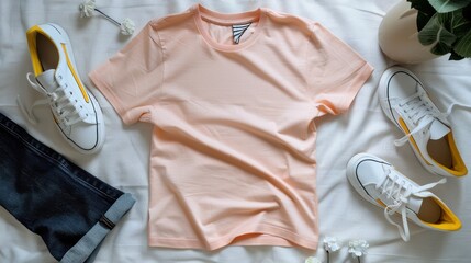 Peach t-shirt on a white linen background, white sneakers with yellow accents, and dark denim jeans.