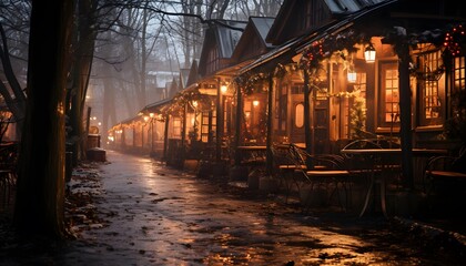 Wall Mural - Winter night in the village. Wooden houses on the bank of the river.