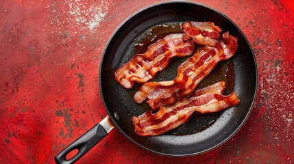 Cooking bacon in a black pan on a red surface